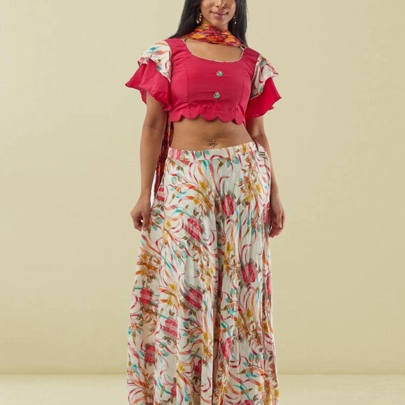 White Printed Lehenga with Pink Crop Top | Muvvas Boutique - Picture 2 of 5